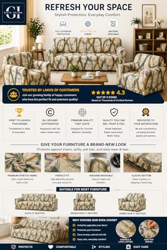 Image of Gifts Island Sofa Cover 3 Seater and 2 Seater Fully Covered Universal 5 Seater Sofa Cover Non-Slip Sticky Elastic Stretchable Sofa Set Slipcover Protector for (3+1+1 Seater) (Beige Art)