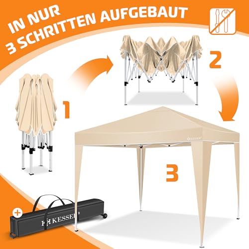 KESSER® Pavillon Faltpavillon 3x3m | Pop-Up Gartenpavillon Höhenverstellbar Stabil Wasserdicht Winterfest | Partyzelt Festzelt UV-Schutz 50+ inkl. Tasche mit Rollen & Bodenanker | Beige