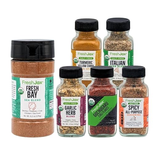 FreshJax Fresh Bay Seafood Seasoning and Salt Free Seasonings Gift Set Bundle | 5 Sampler Sized and 1 Large Bottle | Non GMO, Gluten Free, Keto, Paleo, No Preservative