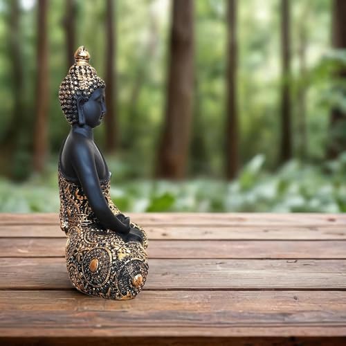 Image of YASHONIDHI Sitting Buddha Statue for Home and Office Decor, Resin, Black and Gold, Height: 24 cm, Showpiece