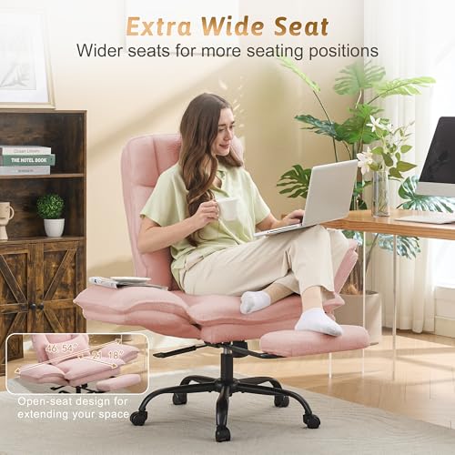 Image of Wider Seat Office Chair with Flip Armrests for Criss Cross Legged&Cats, Big and Tall Executive Ergonomic Reclining Chair with Footrest&Lumbar Pillow, Teddy Fleece Desk Chair, Pink Vanity Chair