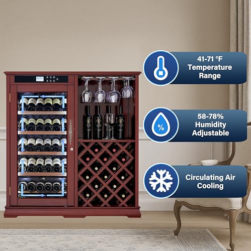 Image of KEIKI Freestanding Wine Refrigerator with Wood Cabinet, 69 Bottle Single Zone Wine Cooler, Humidity Control Tempered Glass Door, LED Light Lockable Pull-Out Shelves, for Home Bar Kitchen, Cherry