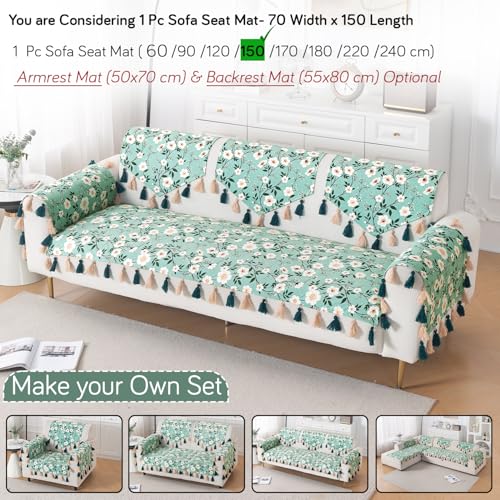 Image of HOKIPO Sofa Cover Mat with Tassel for 1 /2 /3 Seater & L Shape Sofa | DIY Sofa Cover Set | Digital Printed Holland Velvet | 'Whispers of Nature' | 70(W) x 150(L) cm | Sage Floral Vine (IN-1120-D8)