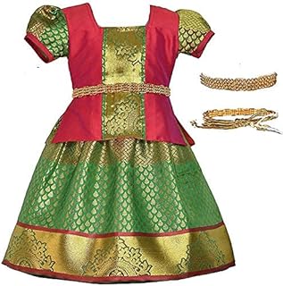 Nilamalar Creations Girls' Cotton Silk Readymade Pattu Pavadai Lehenga Choli Set with Waist Belt (Green)