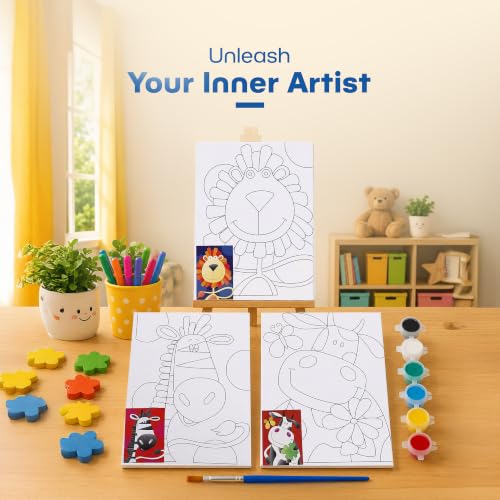 Image of Neomate Canvas Painting Kit for Kids | DIY Painting Set with 3 Printed Canvas, 6 Acrylic Paint Pots & Brush | Art and Craft Kit, Paint Kit for Kids, Birthday Gift, Return Gift, Creative Activity Set