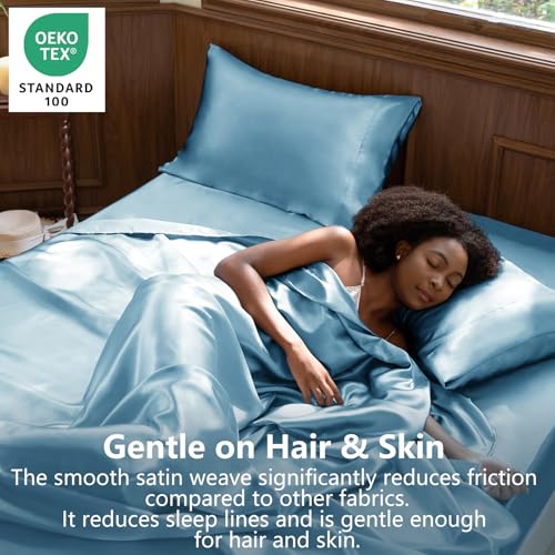 CozyLux Satin Sheets King Size Sheet Set - Silky Soft Bedding Similar to Silk, 4 Piece Sheets for Hair and Skin, Deep Pocket with All-Around Elastic, Home Decor for Bedroom, Sky Blue by CozyLux - Image 2