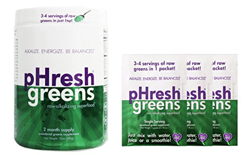 pHresh Greens Organic Raw Alkalizing Superfood Greens Powder 10oz, 2 Month Supply, Non-GMO and Gluten Free with 3 Free Travel Packs pHresh Greens Organic Raw Alkalizing Superfood Greens Powder 10oz, 2 Month Supply, Non-GMO and Gluten Free with 3 Free Travel Packs