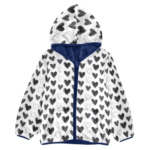 Black White Hearts Boys Fleece Coat,Children's Zip-Up Hoodie Jacket,Baby Warm Fashion Outerwear 3-10T,A113392
