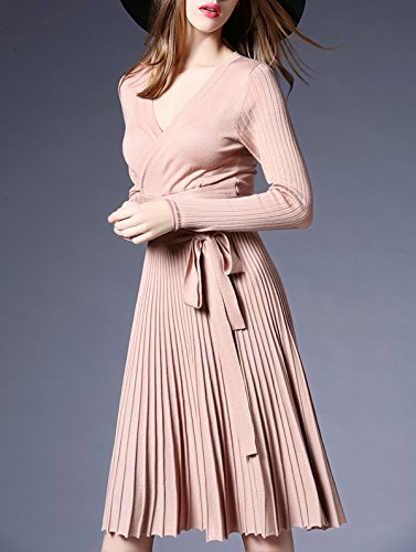 R.Vivimos Women Autumn Long Sleeve V Neck Elegant Knitted Slim Knee-Length A-Line Sweater Dress Beige One Size