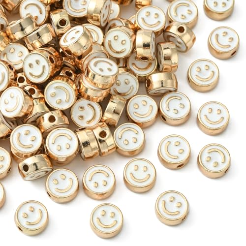 LiQunSweet 100 Pcs 8mm White Enamel Happy Face Loose Beads Smiling Face Beads for Bracelet DIY Jewelry Making