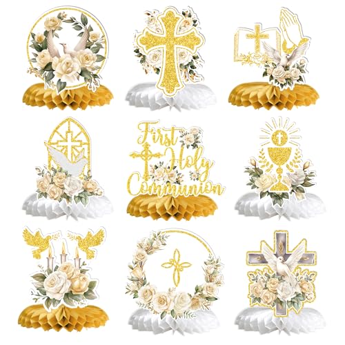 First Holy Communion Honeycomb Centerpieces Baptism Decorations God Bless Religious Party Table Decor First Communion Table Centerpiece Christening Baby Shower Party Decorations 9PCS