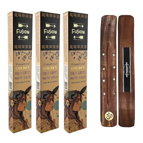 Aromasenses | 3 Cajetillas de Incienso Golden Fusion Palo Santo y Salvia Blanca 15 Gramos + 1 Tablilla Aromasenses | Incienso Etnico 100% Natural | Limpiador de Energias.