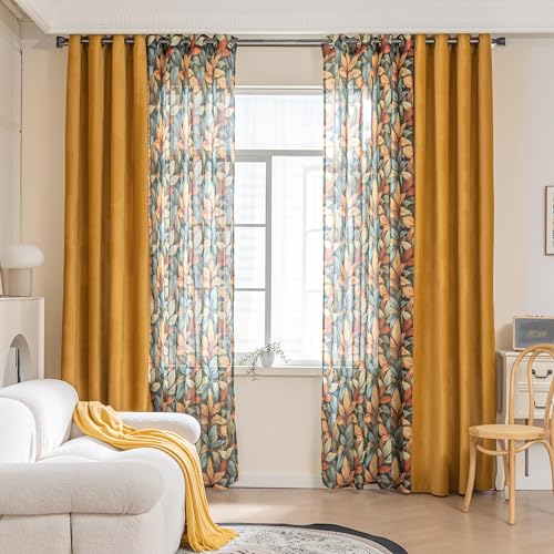 Erbnaryx Mix and Match Curtains 4 Panels Set - 2 Pieces Leaves Print Sheer Curtains and 2 Pieces Velvet Curtains for Bedroom Living Room Grommet Window Drapes, 52x72 Inch,Yellow,Set of 4 Panels