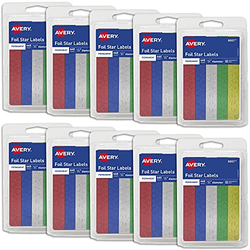 Avery Foil Star Stickers, Assorted Colors, 440 Per Pack, 10 Packs, 4,400 Star Stickers Total (06007)