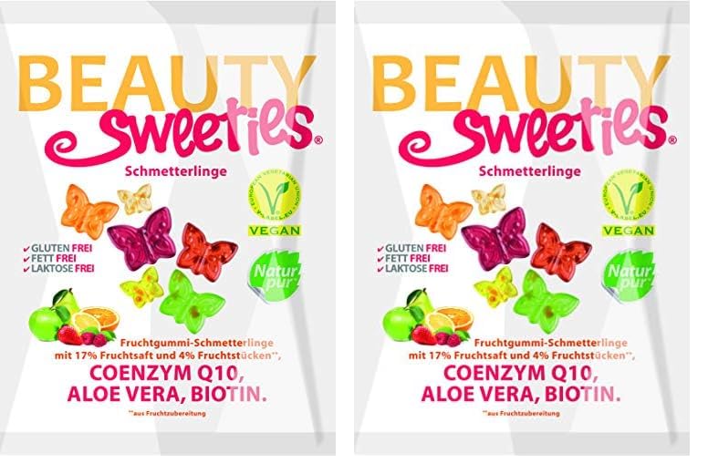 BeautySweeties Schmetterlinge – Fruchtig-süße & vegane Fruchtgummi-Schmetterlinge mit 17 % Fruchtsaft und 4 % Fruchtstückchen – Praktisch im 125 g Beutel (Packung mit 2)
