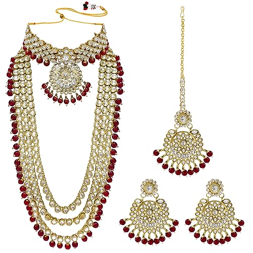 Aheli Wedding Designer Faux Kundan Beaded Indian Heavy Bridal Set Long Choker Necklace Earrings with Maang Tikka Traditional Jewelry for Women Red