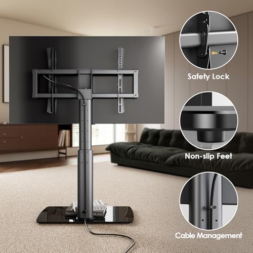 Image of FITUEYES Universal TV Stand Mount for 43-80 85 inch TVs, Swivel Tall TV Mount Stand, Table Top TV Stand Base Replacement, Height Adjustable TV Table Stand, Glass Base, Max Holds 110lbs