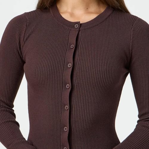 Women Ribbed Button Up Cardigan Y2K Slim Fit Long Sleeve Round Neck Sweater T Shirt Fall4