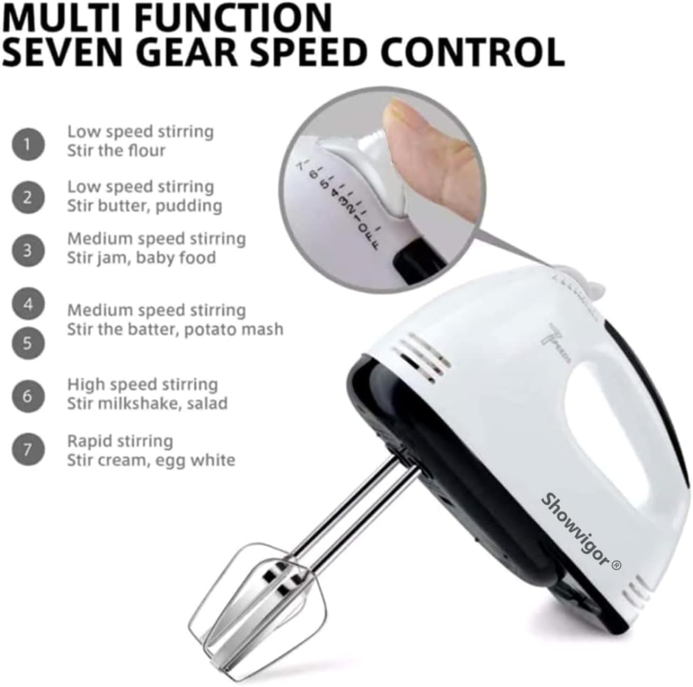 7-Speed Hand Electric Mixer, Stainless Steel Electric Hand Whisk, Electric Whisk Hand Mixer, Portable Handheld Cake Mixer for Cooking & Baking(WHITE) - Image 3