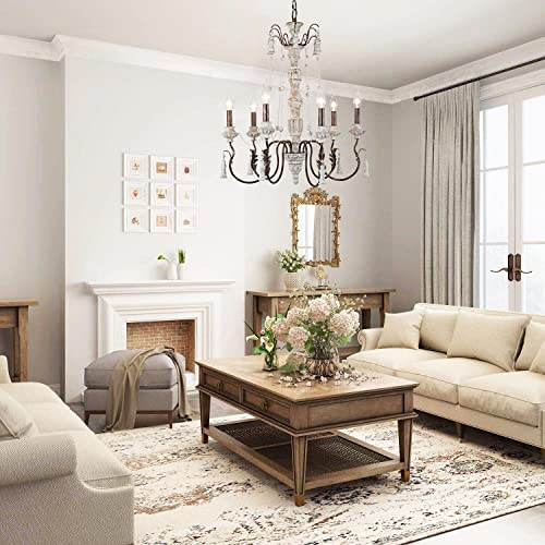 29" H Farmhouse Chandeliers For Dining Room, French Country 6-Light Large Rustic Bronze + Distressed White Wood Pendant Light Antique Wooden Beaded Living Room Kitchen Light Fixtures Ceiling Hanging #TOP2