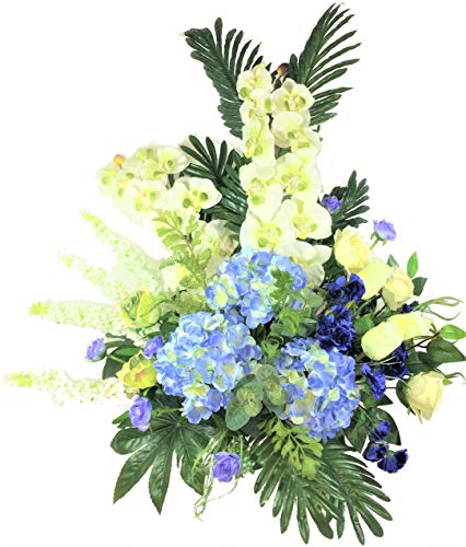 LBA Centre d'orchidées blanches et hortensias bleues, fleurs et plantes artificielles. 85 x 90 x 50 cm. Env. Grâce à la qualité des fleurs et plantes utilisées, l'aspect est très naturel.