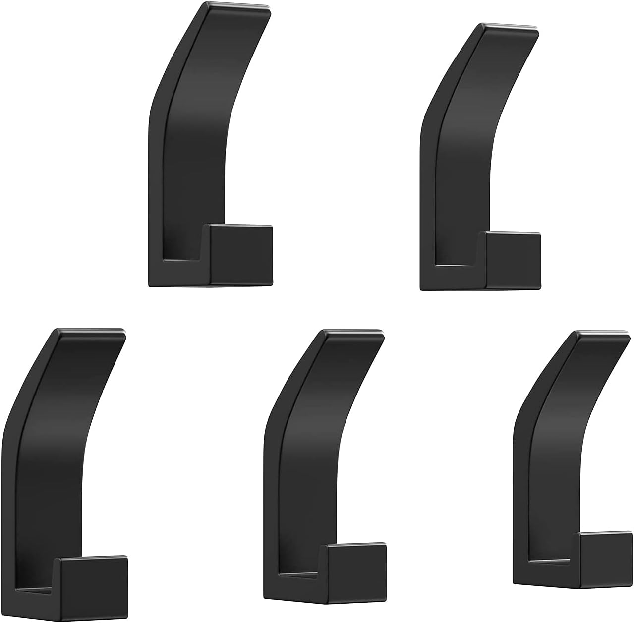5pcs Aluminum Waterproof Coat Hooks Adhesive, Black Heavy Duty Door Hooks Wall Hanger, Sticky on Wall Hooks for Robe Coat Towel Bathrooms Kitchen Lavatory Closet, No Drill Glue Needed