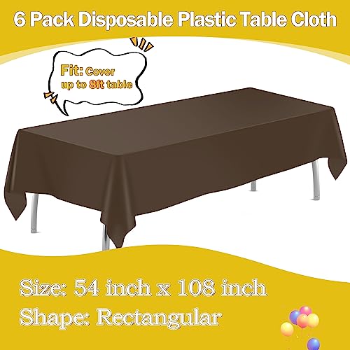 Image of tujol Brown 6 Pack Plastic Table Cloth 54 inch x 108 inch, Disposable Tablecloths Rectangle Table Cover, Plastic Tablecloths for Parties
