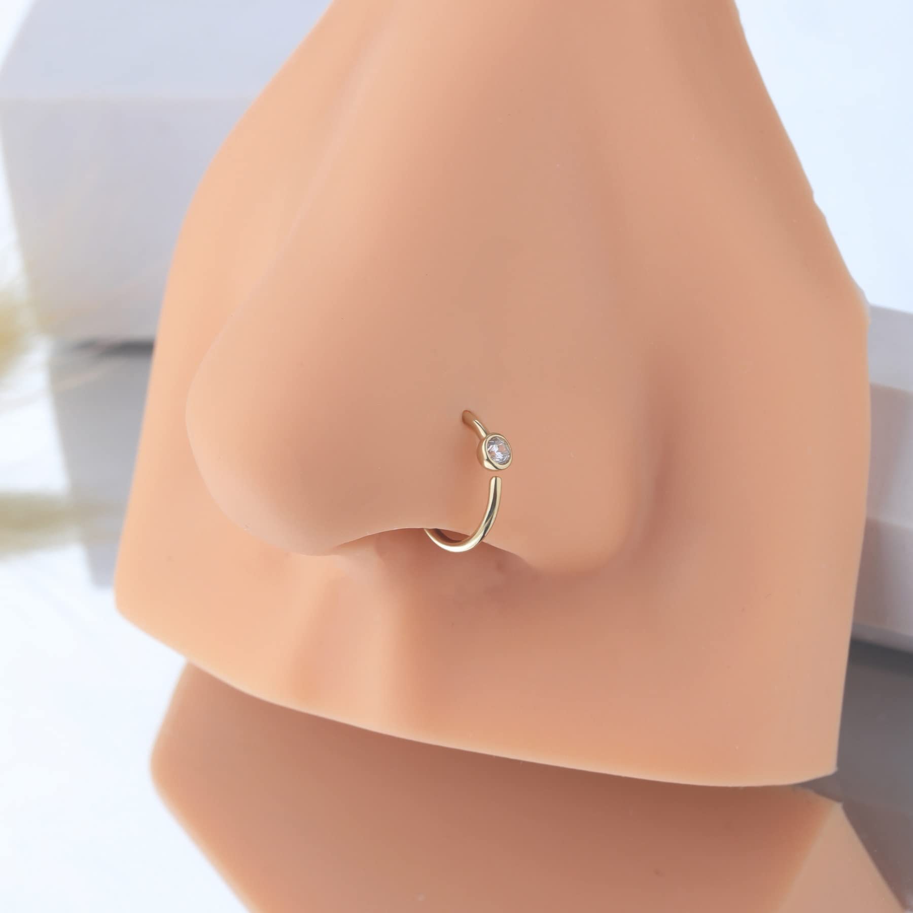 OUFER Aro de nariz de oro macizo de 9 quilates, circonita cúbica, calibre 20, sin costuras, abierto, para hélice, cartílago, rook, joyería corporal, regalo para mujeres y hombres, 8 mm