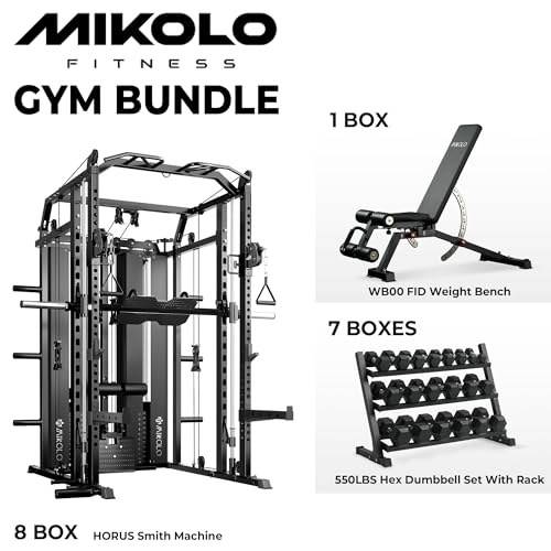 Mikolo Smith Machine with Weight Stack, Power Cage Home Gym System with LAT Pulldown & Cable Crossover, 550LBS Dumbbell Sets with Rack