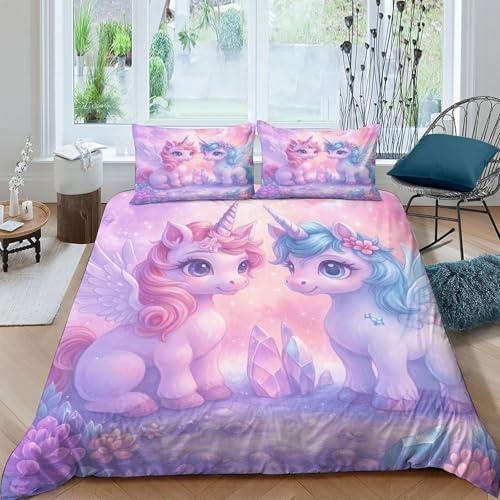 Unicorn couple Housse de Couette Microfibre résistante 3 pièces 3D Effet Confortable Fantaisie winged ponies Parure de Lit avec Fermeture Éclair Respirante...