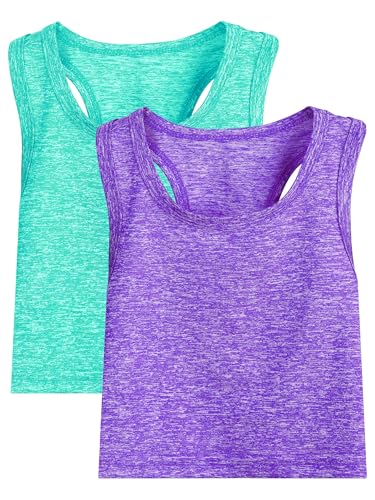 2 Pack Girls Athletic Crop Tank Tops Dry Fit Sleeveless Workout Dance Racerback Tank Tops Performance Top for 5-14Y