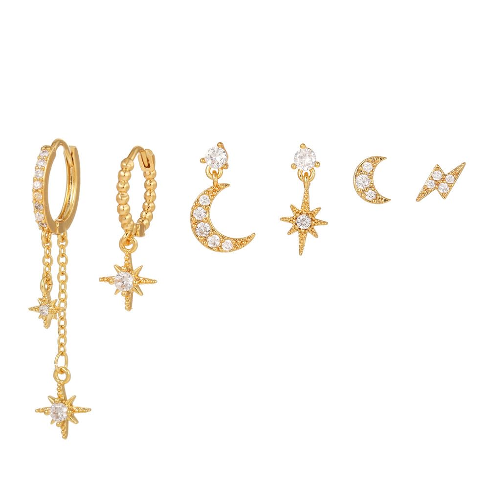 TOEECY Pequeños Pendientes Mujer de Plata Oro con Cadena Pendientes Luna Estrella Zircon Hipoalergenicos Pendientes de Aro Circonita Cúbica de Cartílago Set
