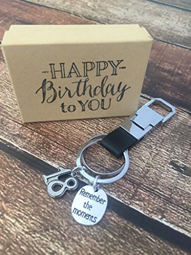 18th Birthday ~ Black Leather Keepsake Genuine Leather Key Chain with Gift Packaging for Boy or Girl 18 Birthday Gift