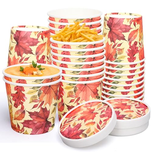 FYSUIMU 50Pcs 12Oz Fall Maple Leaf Kraft Paper Soup Containers with Lids Autumn Paper Food Bows Disposable Cups for Thanksgiving Party Storing Food Carrying Out
