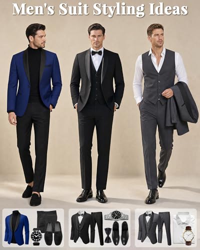 Image of MY'S Mens 3 Piece Tuxedo Set with Bow Tie, Shawl Lapel One Button Jacket Vest & Pants, Slim Fit Suit Prom Party Wedding Tux