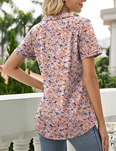 Womens Pink Floral Polo Shirt Short Sleeve Work Blouse Spring Fashion For Women 2023 Lapel Tops Collared Loose Fitted Tunic T-Shirts Xl #TOP2