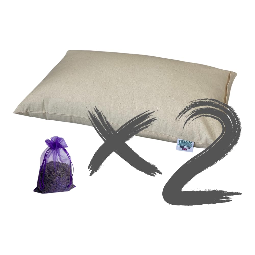 Brow Farm Ltd 2 x Buckwheat Hull Pillows with Lavender Bags – Standard UK Size | Adjustable Loft | Natural Cotton Covers