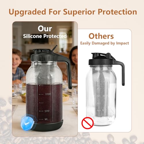 Image of Cold Brew Coffee Maker, 64oz Mason Jar Pitcher with Stainless Steel Filter, Sealed, Leak-Proof Lid with Pour Spout & Handle, Heavy Duty Glass Iced Coffee Tea Brewer with Non-Slip Silicone Base-Black