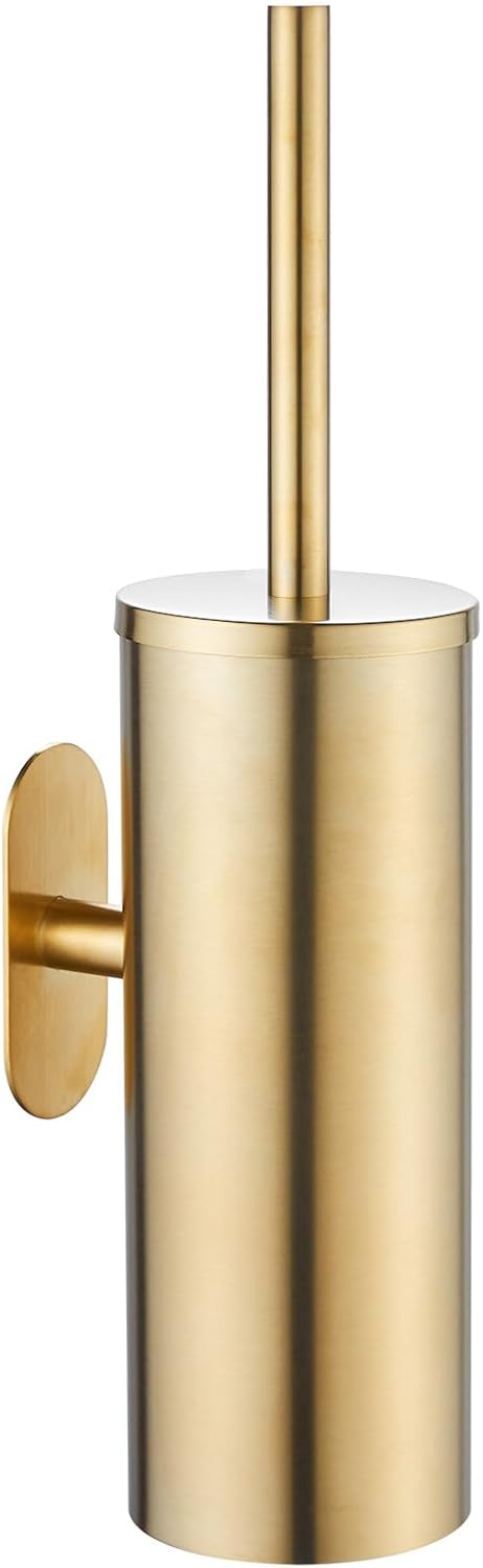 AIREMOEN 1PCS Brushed Gold Stud Free Toilet Brush and Holder Set, 304 Stainless Steel Handle Toilet Brush Holder, Toilet Brush and Plunger Set, Bathroom Wall-Mounted Compact Toilet Brush Holder