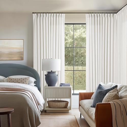 Image of TWODRAPES Extra Wide Linen Curtains 102 Inches Long 70 Inch Wide for Living Room Bedroom Light Filtering Beige Off White Pinch Pleated Curtains Hooks Rings Back Tab for Sliding Door 1 Panel 70Wx102L