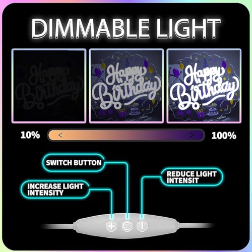 Image of Happy Birthday Neon Sign LED Happy Birthday Light Up Sign Wall Decor for Birthday Party Backdrop Cake Tables Room Gift Art for Boys Girls-14.57 x 12.2 IN-Dimmable USB Powered-Acrylic