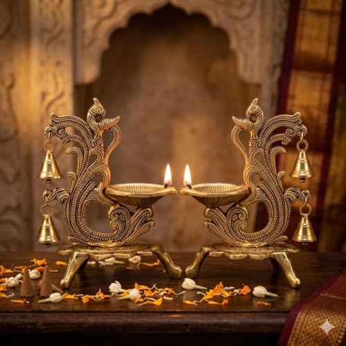 Image of Saudeep India Oxidized Metal Diya for Puja | Brass Oil Diwali Lamp in Peacock Design Perfect Gift Item | Antique Decorative Akhand Diya Home Decor Temple Pooja Room 14x9x20cm (Pair Export Quality)