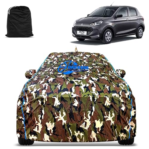 Image of Waterproof Car Body Cover Compatible for Maruti Alto K10 with Mirror Pocket and Antenna Pocket, Triple Stitched (Dynamite Jungle Print with Blue Piping Design)
