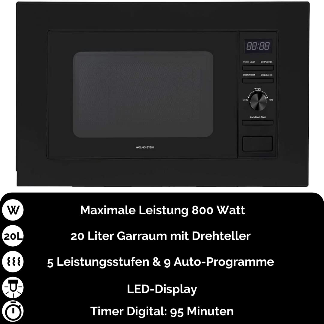 WOLKENSTEIN WMW800-20GB I 800W Mikrowellenleistung I 20L Garraum I 6 Leistungsstufen I 9 Garprogramme IAuftaufunktion I Metall-Gehäuse I Drehteller (24,5cm) I LED-Display I Kindersicherung I Schwarz