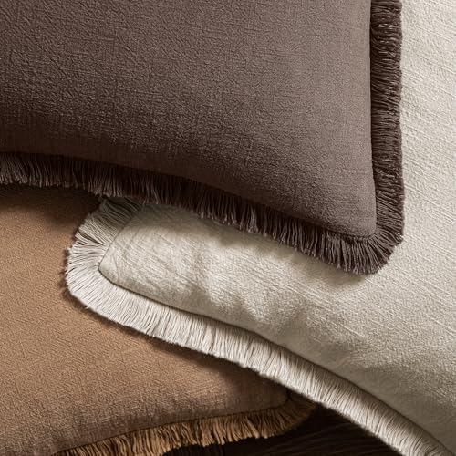 Image of MIULEE Decorative Throw Pillow Covers Neutral Linen Fringe Throw Pillows Set of 2 Reddish Brown Boho Farmhouse Cushion Covers with Tassels for Couch Sofa Bed Living Room Fall Decor 18x18 Inch