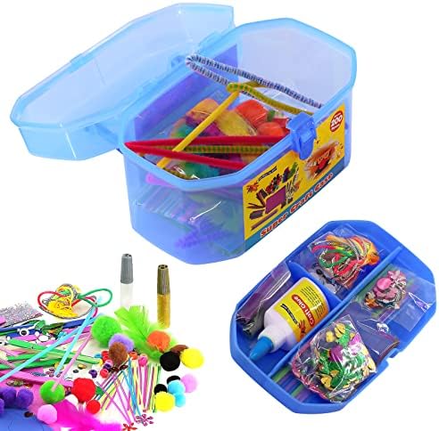 The Magic Toy Shop Kids Giant Mega Super Craft Art Carry Case with over 200 Pieces - Feathers, Pom Poms, Beads, Sticks, Neon Laces, Wool, Sequins, Gems, Googly Eyes, Glitter Glue (Blue)