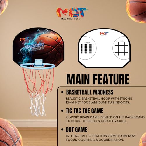 Image of 3-in-1 Wall Mount Basketball Hoop for Kids|Indoor Hanging Basketball Set with Tic-Tac-Toe & Dot Game with Marker Ball|Sports Toy & Creative Board for Boys & Girls 3+|Birthday Gift