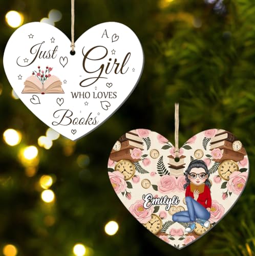Personalisierte Herz-Buch-Ornamente für den Weihnachtsbaum, personalisierbar "Just A Girl Who Loves Books", Weihnachts- und Geburtstagsgeschenk für Buchliebhaber, Bücherwurm-Leser, Bibliothekar