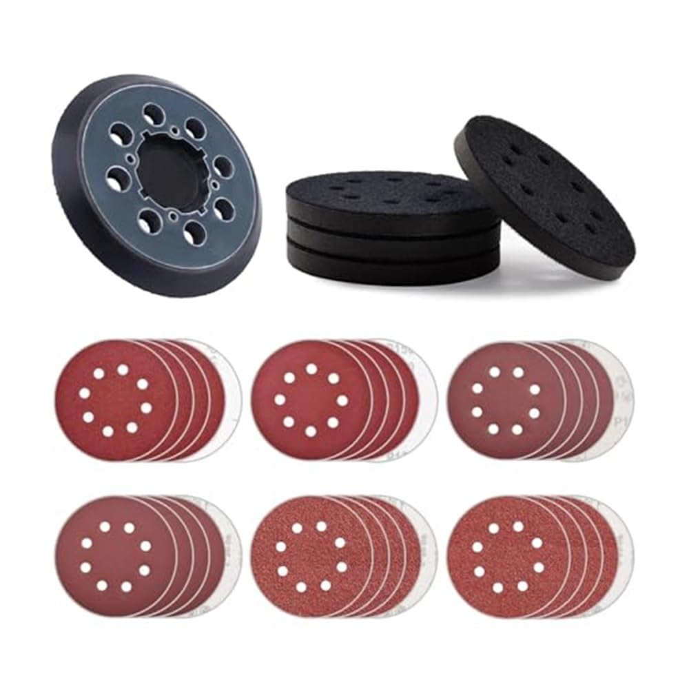 Kit de papel de lija de 35 piezas, 5 pulgadas, 8 agujeros, gancho y bucle con almohadilla de interfaz y almohadilla de respaldo for pulir muebles de madera y metal