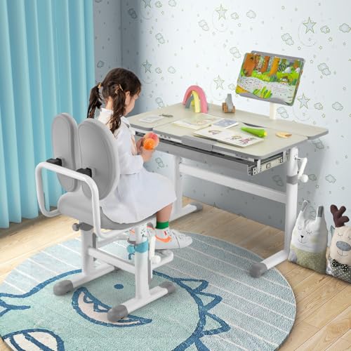 COSTWAY Escritorio Infantil Ajustable en Altura con Tablero Inclinable y Soporte para Libros, Cajón y Regla, Mesa Ergonómica para Niños para Escribir, Dibujar, Leer para Hogar Escuela(Mesa, Gris) - imagen 7
